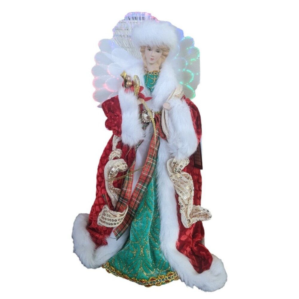 New Christmas Tree Topper  Fiber Optic Angel Green Red Gold Lighted 13in Battery